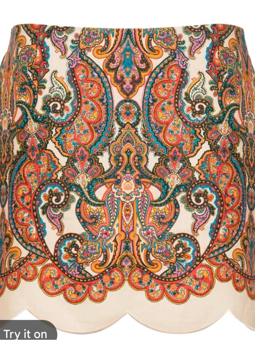 Zimmermann Cream Paisley Scalloped Mini Skirt with Orange & Teal Accents